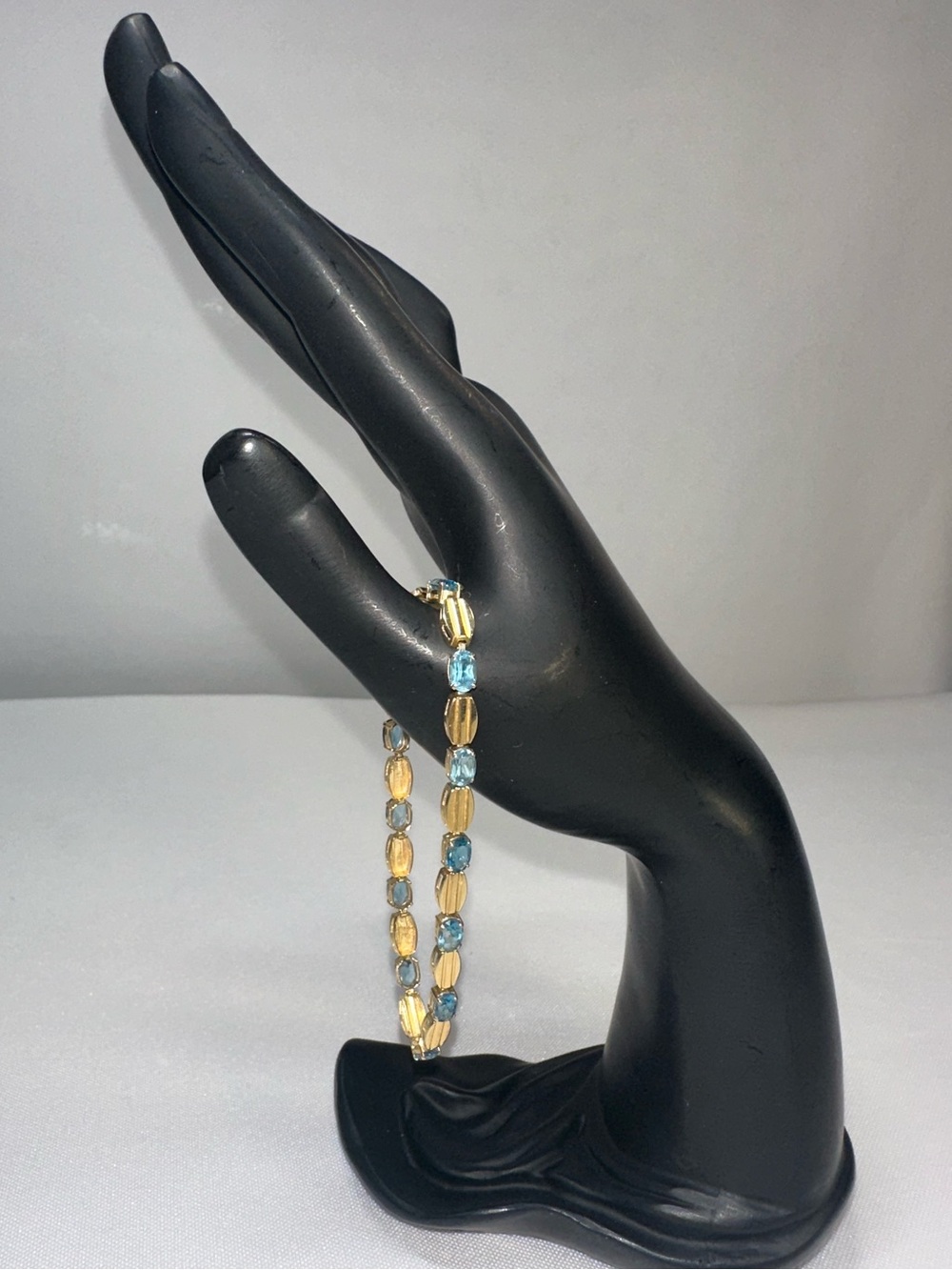 14K Yellow Gold Swiss Blue Topaz Ribbed Bar Link Tennis Bracelet 6.16g⁠ Vintage